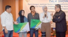 Talk show perlindungan jaminan sosial ketenagakerjaan bagi pelaku olahraga yang digelar di Grand Sunshine Soreang.  Sabtu 28/1/2023.