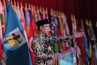 Gubernur Jawa Barat Ridwan Kamil menghadiri Rapat Kerja Nasional (Rakernas) Komite Nasional Pemuda Indonesia (KNPI) dan Musyawarah Agung Raja dan Sultan di Gedung Merdeka, Kota Bandung, Jumat (3/2/2023).