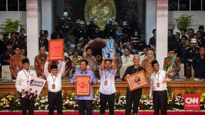 Pasangan Anies-Cak Imin mendapat nomor 1, Prabowo-Gibran nomor 2, dan Ganjar-Mahfud MD nomor 3. Mereka akan bertarung di Pilpres 2024. Foto CNN