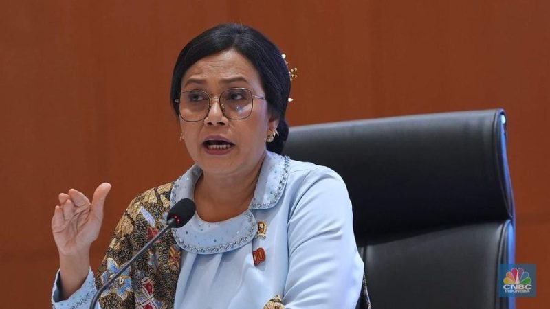 oto: Menteri Keuangan Sri Mulyani dalam konferensi pers RAPBN & Nota Keuangan Tahun Anggaran 2026 di Aula Chakti Budhi Bhakti (CBB),  Kantor Pusat Direktorat Jenderal Pajak, Jakarta, Jumat, (15/8/2025). CNBC Indonesia/Muhammad Sabki)